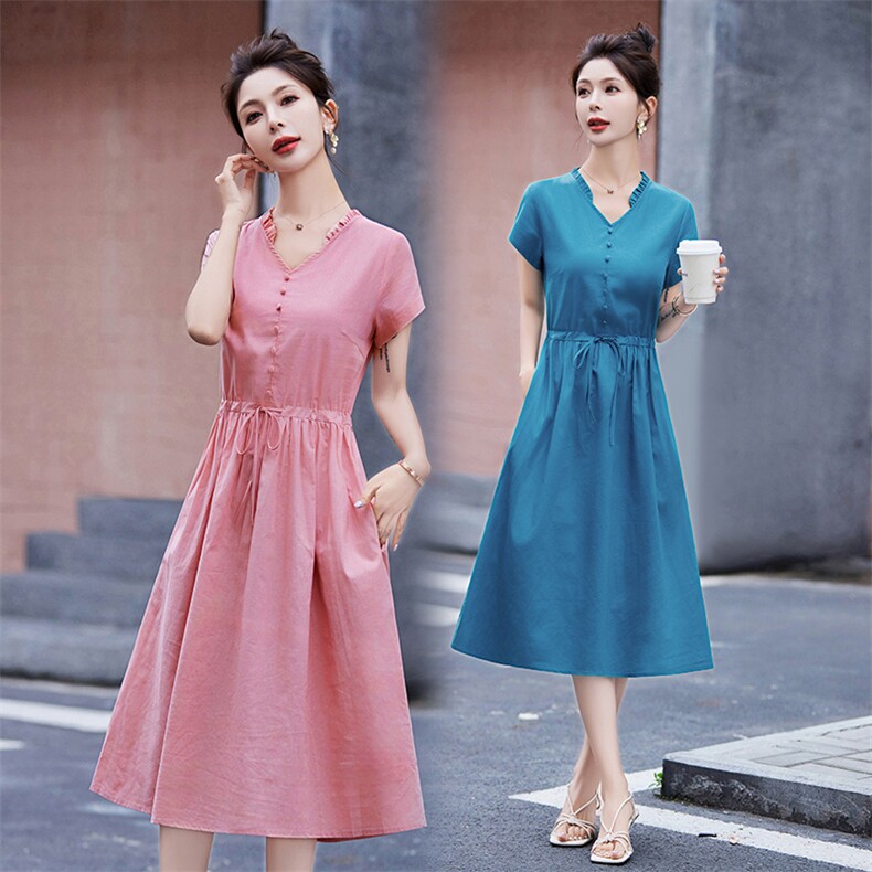 气质棉麻连衣裙女夏薄款2025新款高级感修身系带显瘦洋气减龄裙子，女装连衣裙，鑫思依格