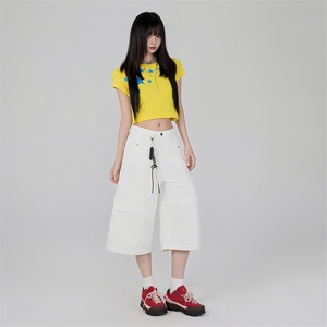2026夏季新款男女美式复古褶皱工装裤宽松阔腿七分裤子YD710-P60图片