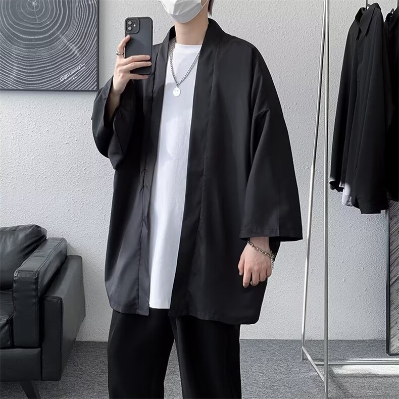 夏季七分袖衬衫男女百搭韩版宽松潮牌薄款休闲落肩披风和服外套,男装衬衫,星座601-2
