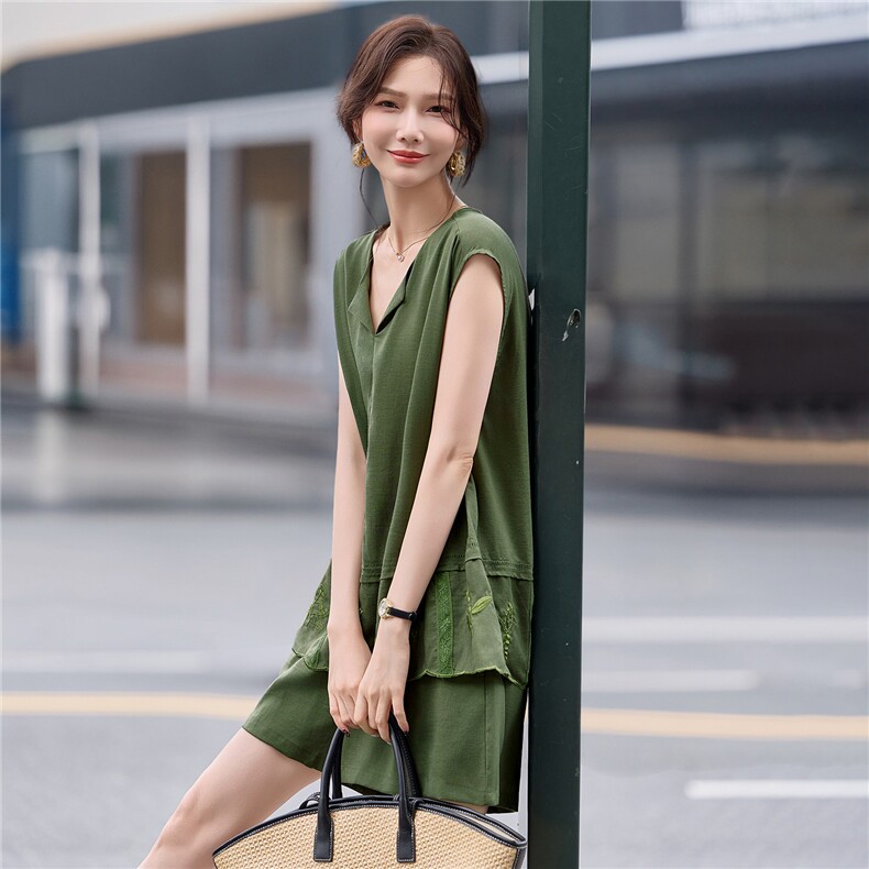 2026夏季棉麻刺绣短裤套装,女装套装/套裙,曼琳思菲