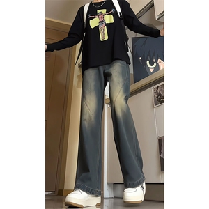 美式复古拼接微喇牛仔裤男款春秋高街水洗渐变裤子KZ005P60加绒70图片