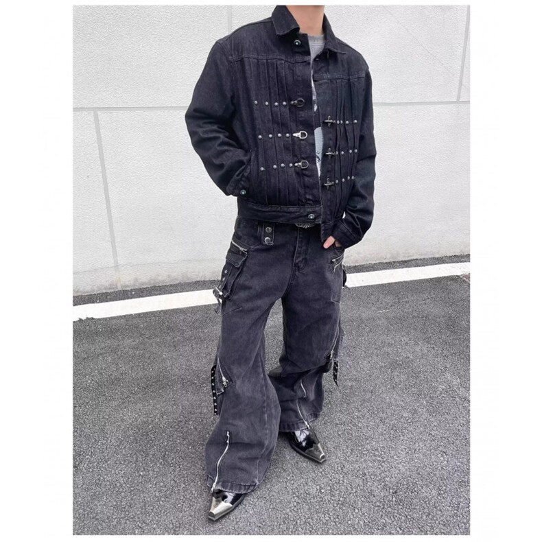 美式重磅工艺沙丘废土风多口袋牛仔裤飘带阔腿裤1008-WLC6511-P98,男装牛仔裤,星座1008