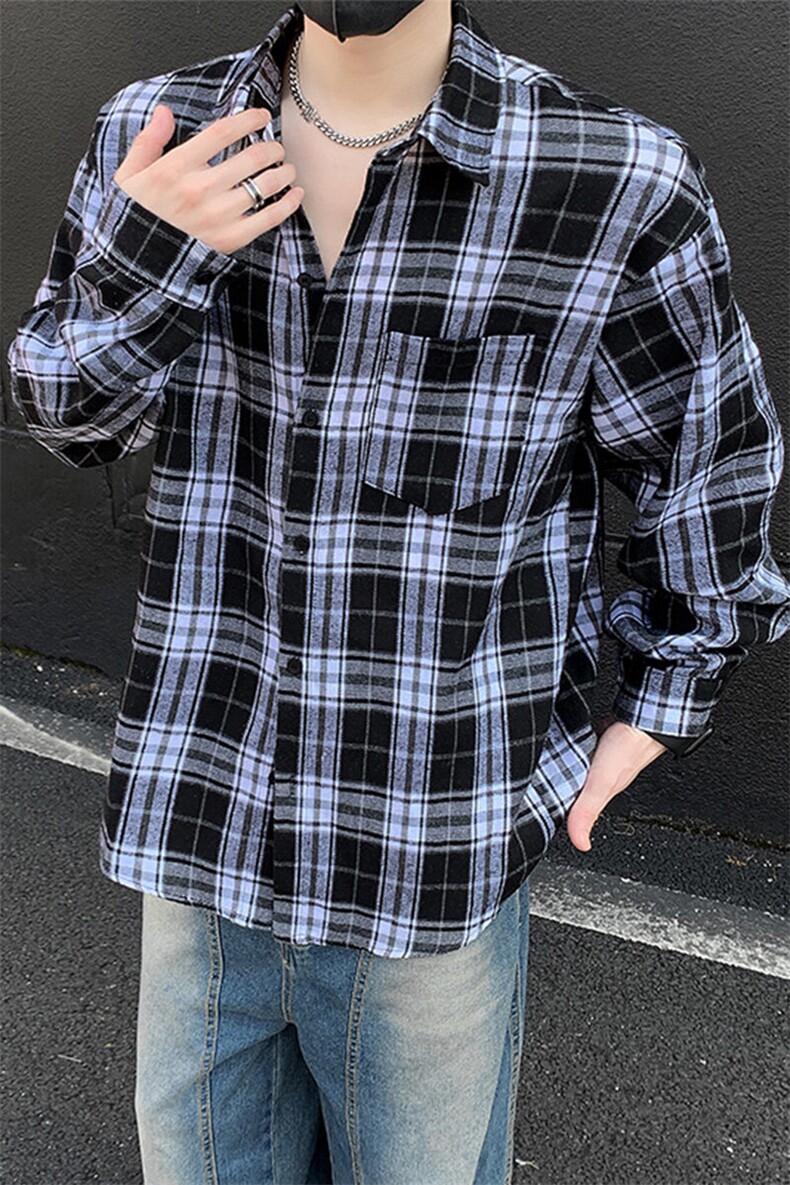 美式高街潮流格子衬衫潮牌宽松休闲上衣A086-CS2208-P35,男装衬衫,电商基地A086