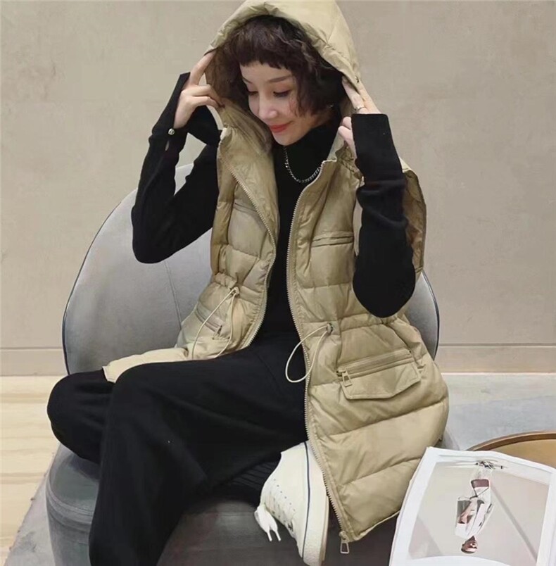 无袖连帽羽绒马甲，女装马甲，兜火