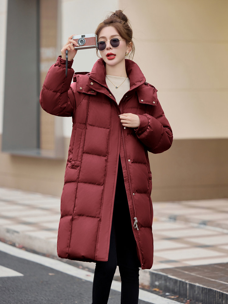 咖色连帽加厚鹅绒羽绒服女2024冬季新款宽松时尚长款过膝保暖外套,女装羽绒服,牡丹诺