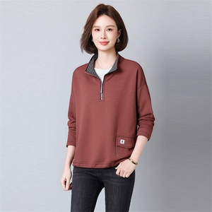 2025年秋季秋季套头长袖拼贴单件常规宽松型休闲拼色上衣，女装大码女装，秋牧寒烟