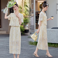 浅黄色蕾丝小香风上衣半身裙两件套女2025夏季名媛刺绣连衣裙套装，女装套装/套裙，雅静靓衣