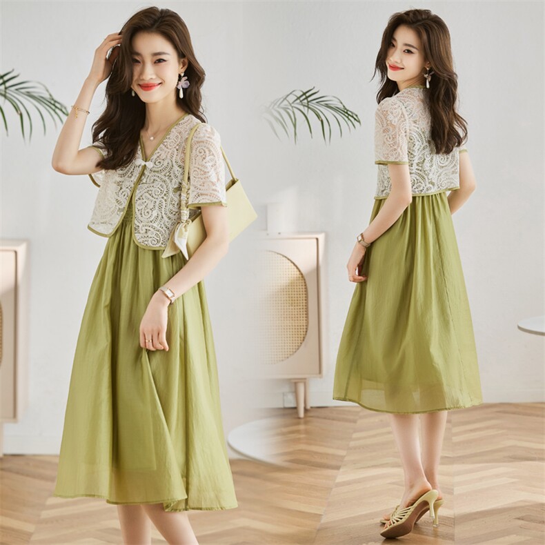 现货新款2024年新中式g风盘扣m媛气质蕾丝天丝吊带裙两件套裙子，女装套装/套裙，采品优优