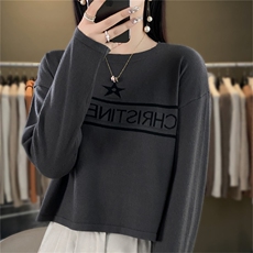 时尚百搭黑色星星图案羊毛针织衫显瘦修身长袖毛衣女款，女装针织衫/毛衣，暖姿羊绒