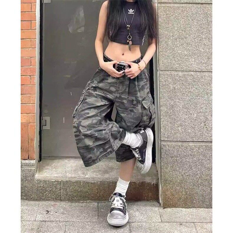 美式复古迷彩阔腿牛仔裤女夏季高腰宽松工装七分裤子LN10811-p52,男装牛仔裤,星座1008