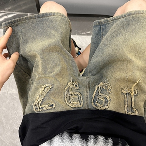 黄泥色痞帅裤美式高街牛仔短裤直筒五分裤潮牌中裤马裤DK0910-P38图片