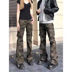 美式vibe迷彩牛仔裤男款潮牌痞帅弯刀工装裤子高腰修身显瘦微喇裤图片