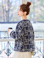 复古蓝色刺绣亮片牛仔外套女2025春节新款气质百搭新中式圆领上衣，女装短外套，美沁