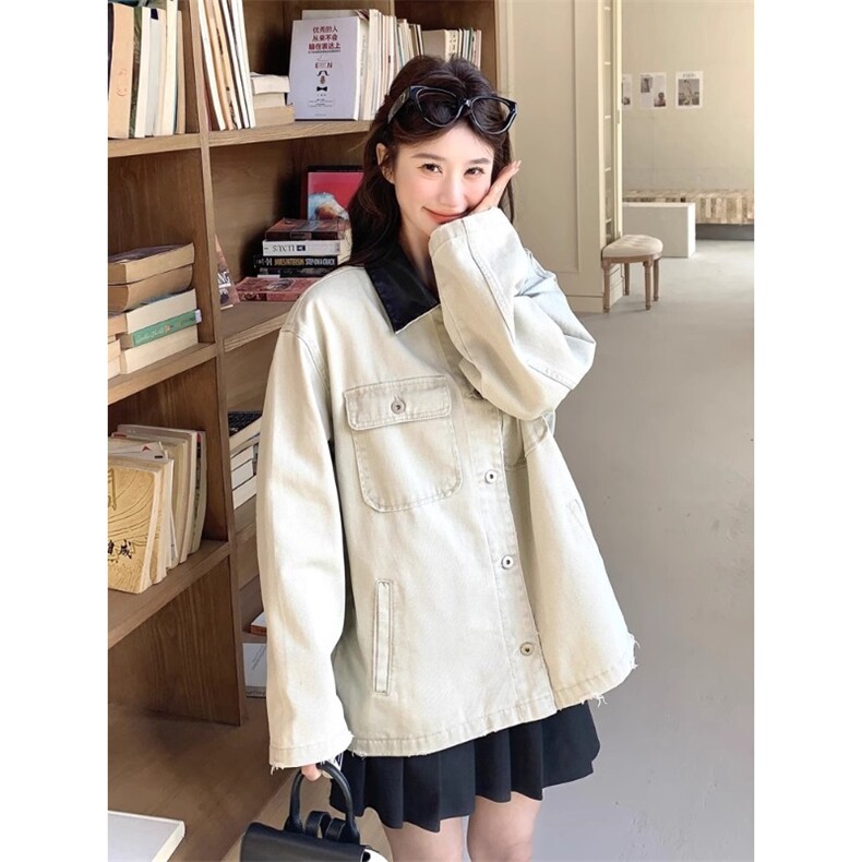 JK8967-P65灰色拼接pu皮领牛仔外套男女秋冬款中性工装褂子,男装工装外套,电商B323A