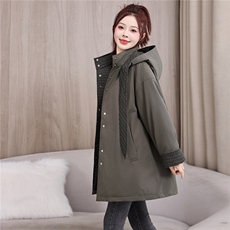 高端羽绒服女撞色格子拼接连帽中长款派克服冬2025新款白鸭绒外套，女装羽绒服，牡丹诺