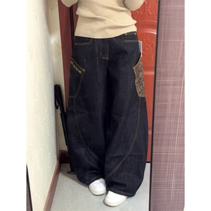 高街黑色弯刀牛仔裤男蛇纹拼接设计感大口袋工装阔腿裤男 N6031图片