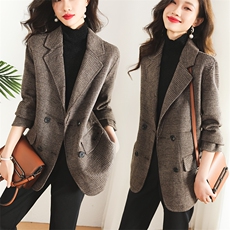 高级感小个子千鸟格西装外套女短款2026春秋季新款双面羊毛呢大衣，女装短外套，丝露依尚（原SL）