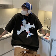 2024新款港风大码情侣装男士T恤宽松飞机印花上衣A071-5521-P28，男装T恤，电商A071