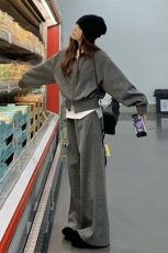 烫钻灰色连帽休闲运动套装女秋季卫衣两件套时髦盐系减龄又a又飒，女装套装/套裙，帛锦泉