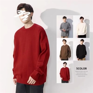 1506-1/MYM011/P42秋冬慵懒风红色毛衣圆领男高级感外穿男女情侣图片