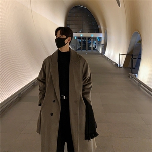 毛呢大衣男秋冬加厚中长款过膝风衣宽松潮牌潮流ins复古呢子外套图片