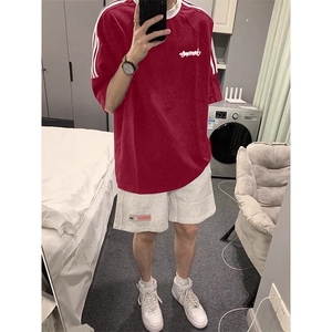 夏季美式高街重磅纯棉三条杠织带撞色男女短袖T恤ZD616-特P30图片
