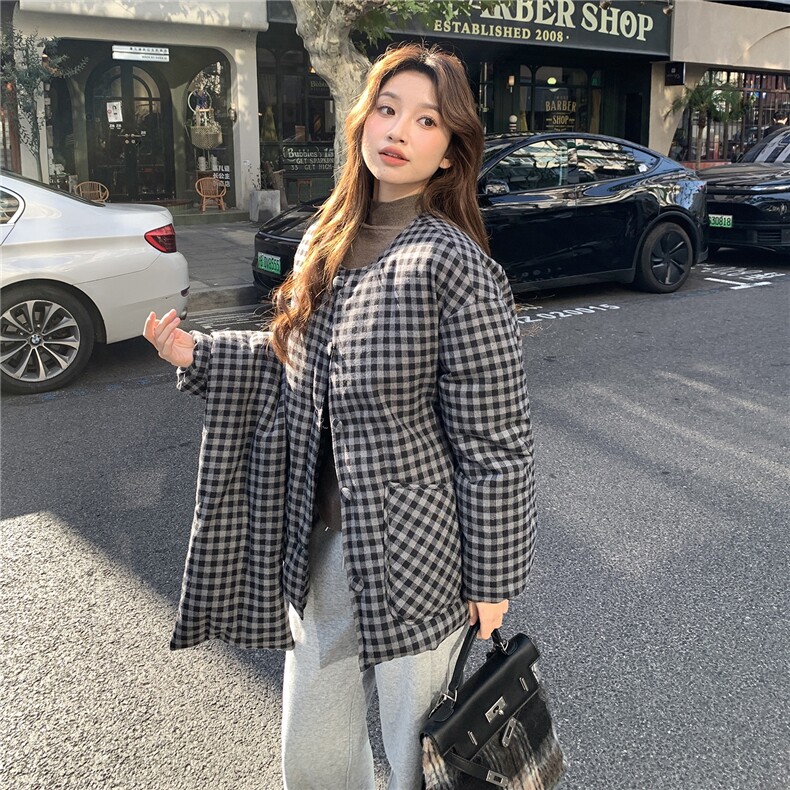 黑白格纹可脱卸围脖中长款羽绒服2C291-YRF186-P295-K499,女装羽绒服,2C291