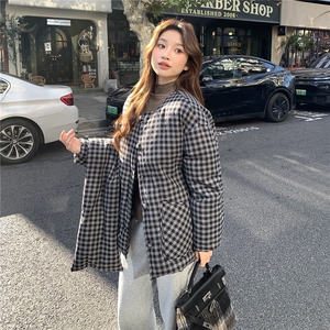 黑白格纹可脱卸围脖中长款羽绒服2C291-YRF186-P295-K499图片
