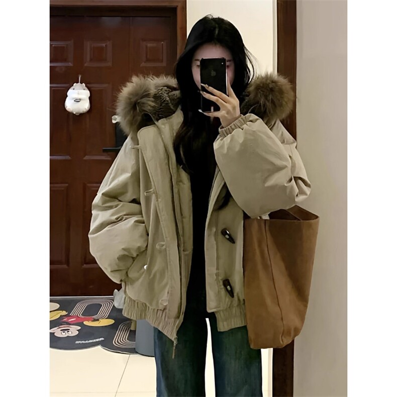 毛领牛角扣羽绒服女2025新款美式复古保暖棉衣外套加厚工装派克服,男装羽绒服,星座506A