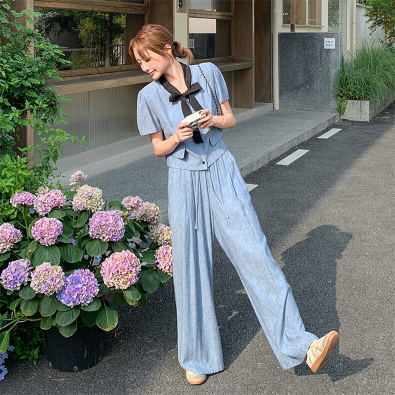 撞蓝色蝴蝶结小香风套装2025新款女初夏法式高级感大方得体两件套,女装套装/套裙,2C159