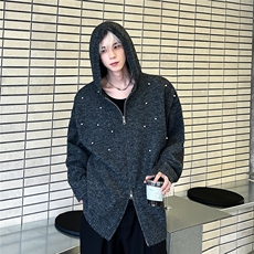 美式不规则珍珠连帽双拉链开衫毛衣宽松外套男女12808-P73，男装针织衫/毛衣，电商C307