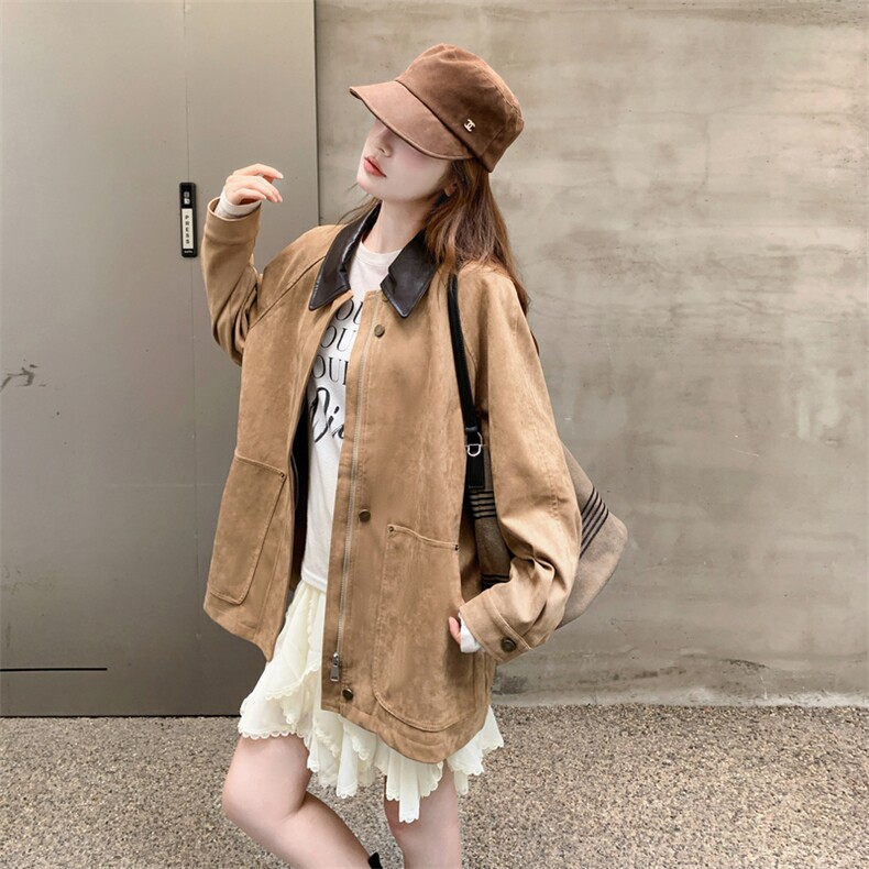 减龄拼皮翻领麂皮绒短外套女春秋2025新款小个子夹克上衣流行爆款,女装风衣,1D103