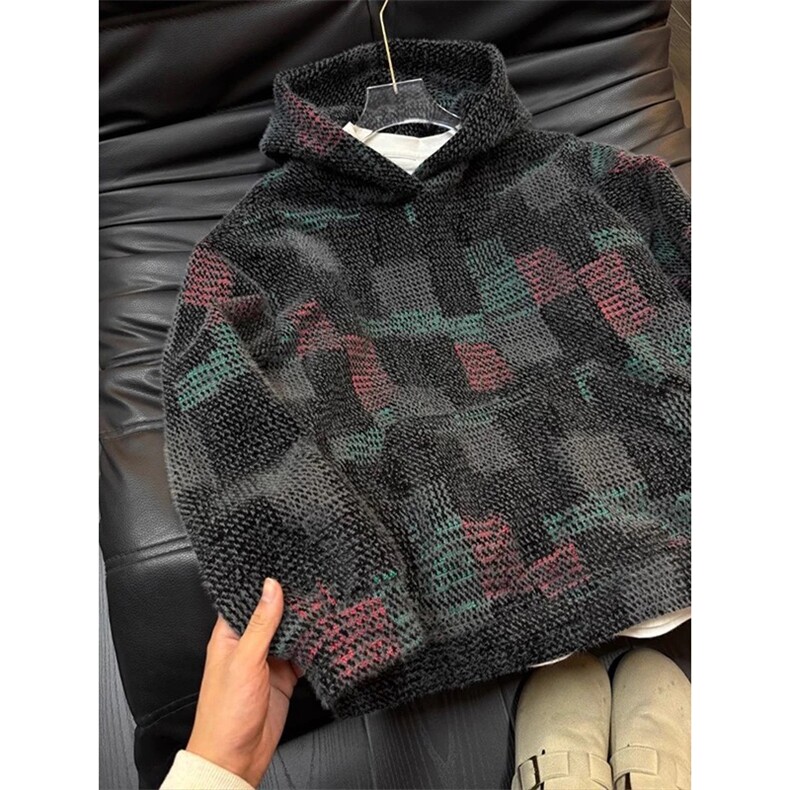 网图有货小香风七彩格子针织卫衣男女美式复古连帽外套A1221-P70，女装短外套，星座1505