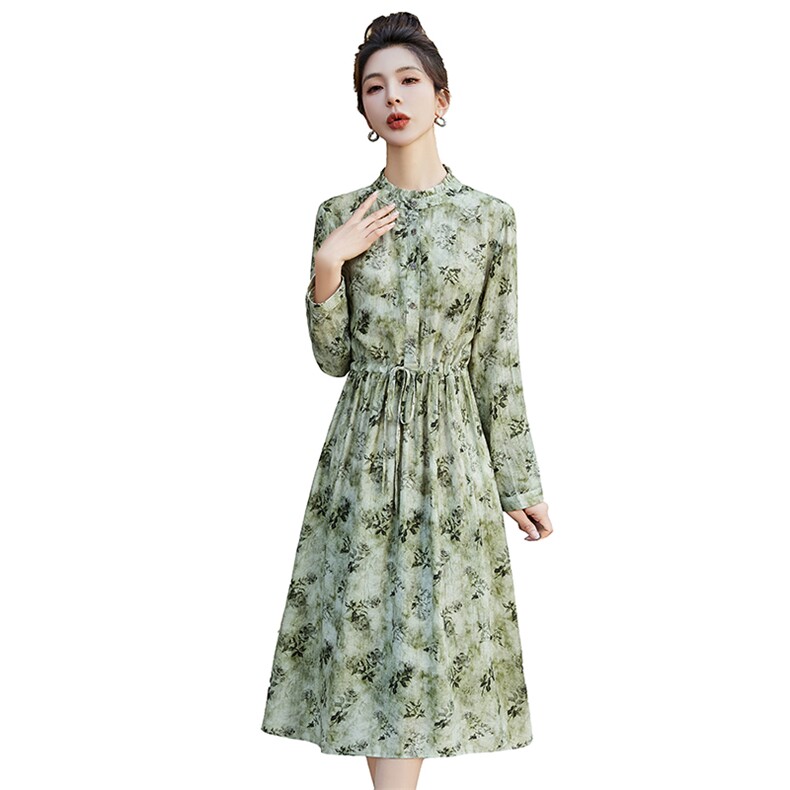 2024春季时尚简约百搭花色棉麻风长袖长款连衣裙,女装连衣裙,鑫思依格