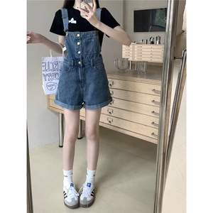 牛仔背带裤女2025春夏新款单排扣卷边短裤小个子高腰直筒阔腿裤子图片