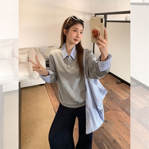 抖音得物高品质26春装美式高街假两件衬衫领长袖卫衣POLO领打底衫