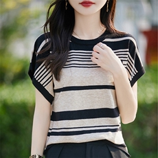 条纹冰丝短袖T恤女夏季2025新款宽松薄款大码女装上衣服爆款女装，女装T恤，斯美雅电商供货
