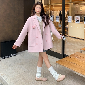 粉色毛呢西装外套春秋女2025新款韩系甜气小个子双面呢小西服图片