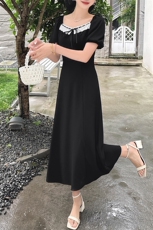 现货.2024年夏季新款黑色气质显瘦开叉连衣裙，女装连衣裙，米雪儿