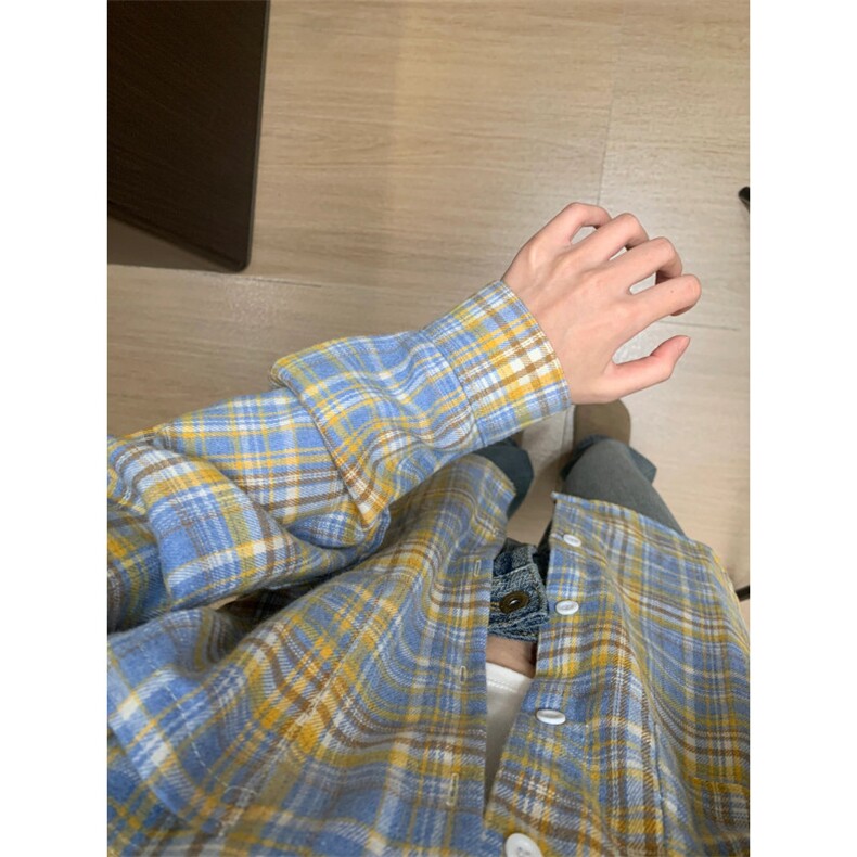 复古蓝黄格子衬衫男女穿搭高级感内搭叠穿格纹衬衣外套K342-P45,男装衬衫,星座1007（原301D）