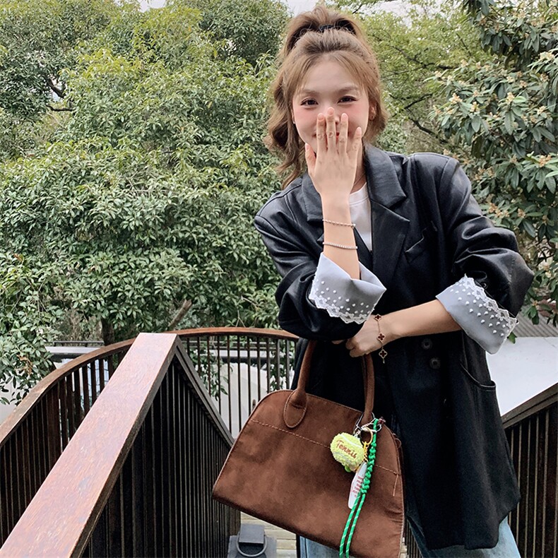 黑色PU皮衣西服外套女2025春秋季新款韩系设计感蕾丝拼接西装上衣,女装皮衣,2C051