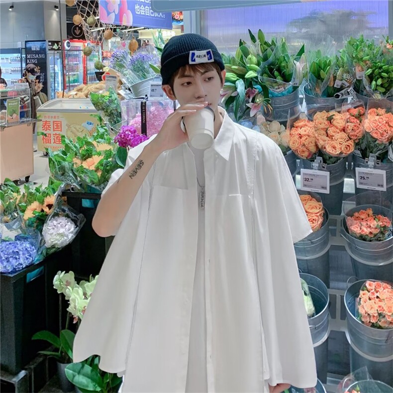 2023夏日系前下摆开叉不规则设计感小众衬衫短袖衬衣W3361-P32,男装衬衫,星座512-2