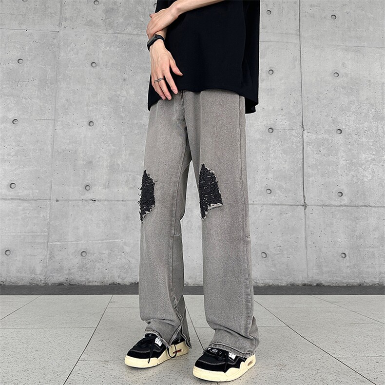 美式vibe裤子高街灰色破洞牛仔裤男设计拉链开叉微喇裤Q6070-P48,男装牛仔裤,星座1001-1