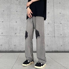 美式vibe裤子高街灰色破洞牛仔裤男设计拉链开叉微喇裤Q6070-P48，男装牛仔裤，星座1001-1