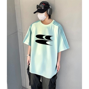 抖音得物品质二开240克宽松纯棉美式潮牌印花三条杠中性风短袖T恤图片