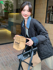 黑色菱格羽绒棉服女2024冬宽松韩版洋气超好看拼接翻领牛仔小棉袄，女装棉衣/棉服，C位