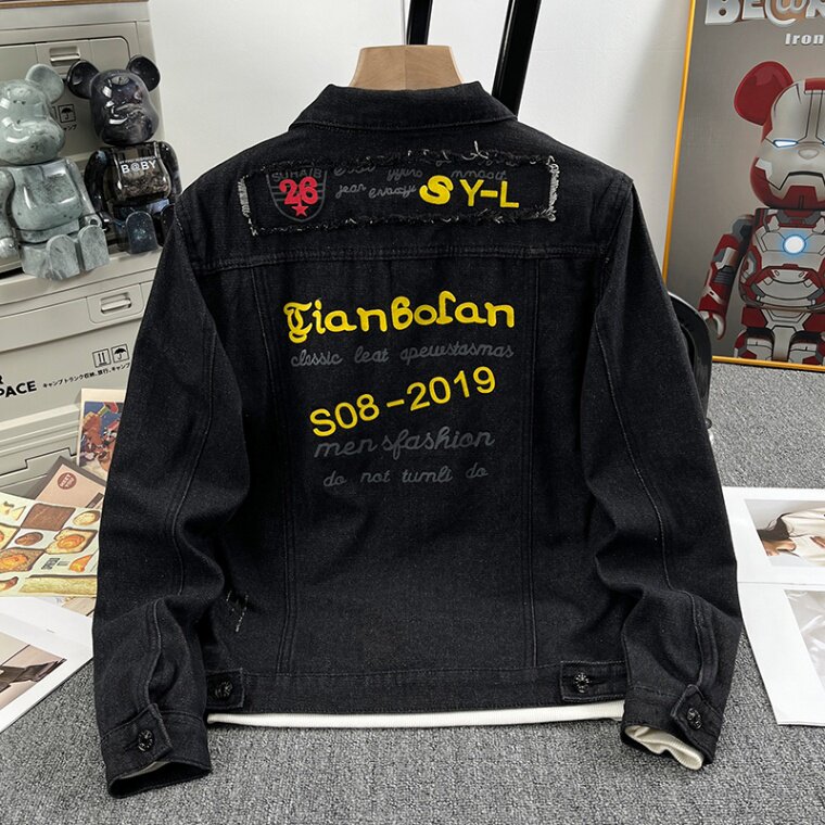 1506/Q17110/P60黑色牛仔外套男士复古褂子潮牌字母印花夹克,男装工装外套,星座1506