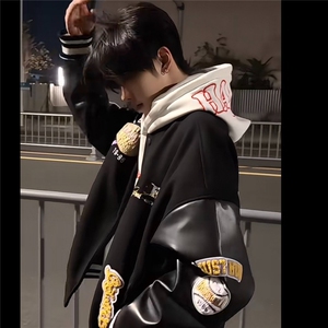 美式潮牌vibe棒球服男款春秋字母植绒刺绣外套pu皮拼接袖飞行夹克图片
