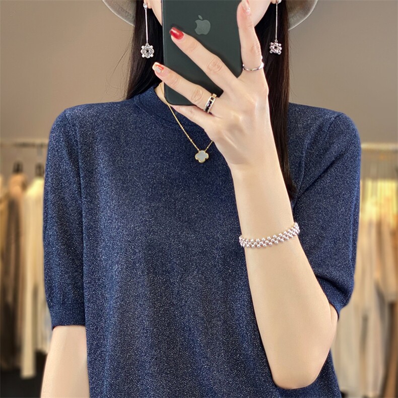 薄款超细精纺短袖天丝羊毛衫女春秋夏圆领宽松针织打底衫半袖T恤,女装T恤,大美人包芯纱店