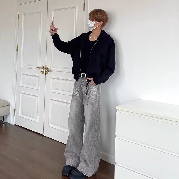 2025时尚夏季男生百搭直筒长裤显瘦阔腿裤设计感休闲设计感牛仔裤，男装牛仔裤，星座506A